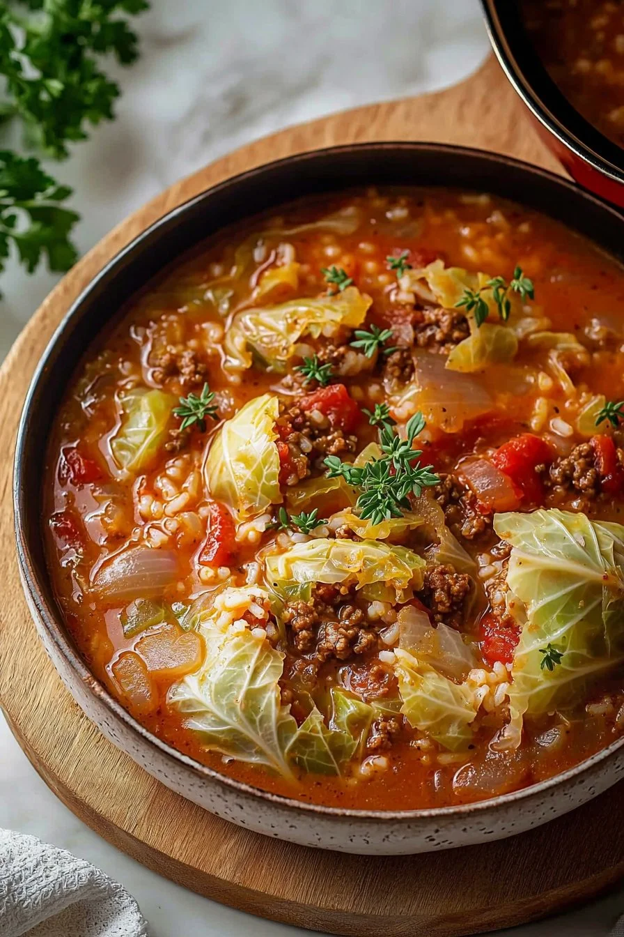 Delicious bowl of easy stuffed cabbage soup with ingredients