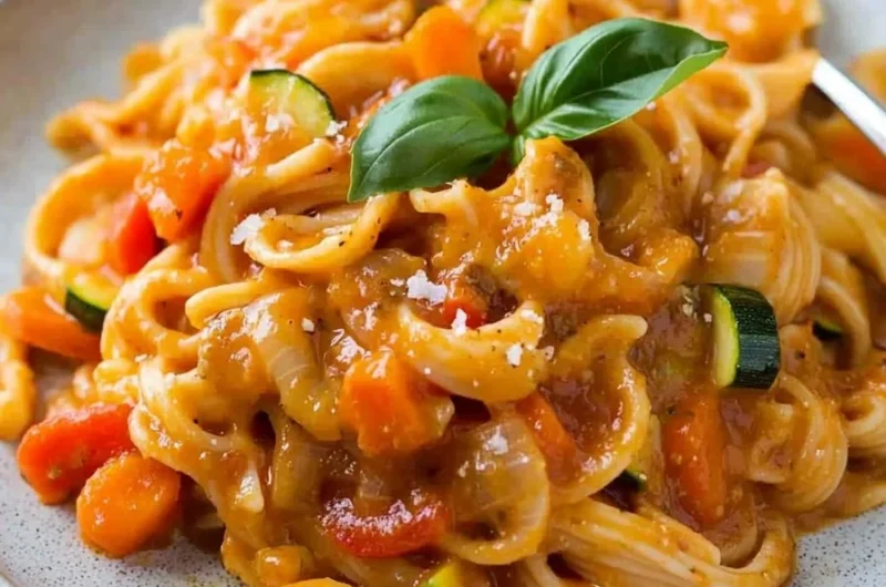 Bowl of easy vegetable pasta sauce with colorful vegetables and herbs