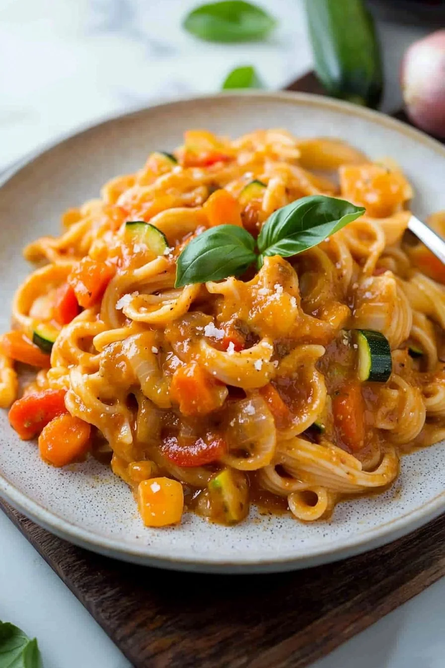 Bowl of easy vegetable pasta sauce with colorful vegetables and herbs