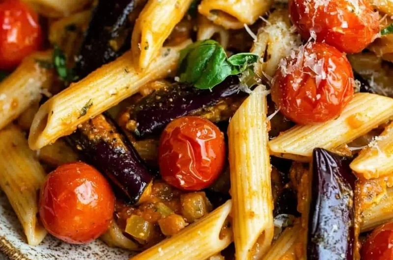 Delicious roasted eggplant tomato penne pasta served in a bowl