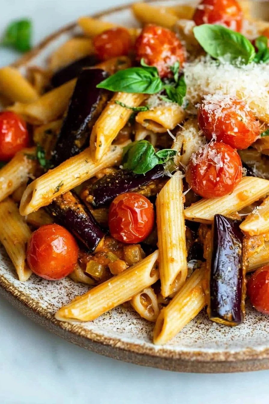 Delicious roasted eggplant tomato penne pasta served in a bowl