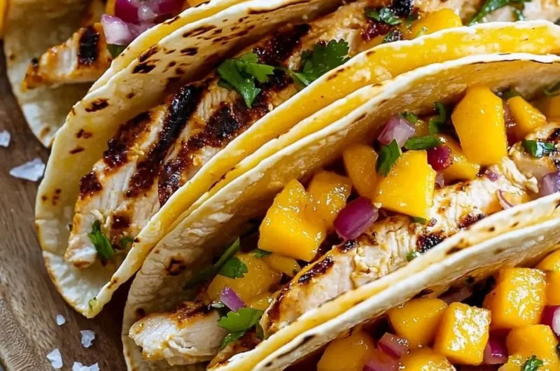 Grilled chicken tacos garnished with mango salsa on a colorful plate