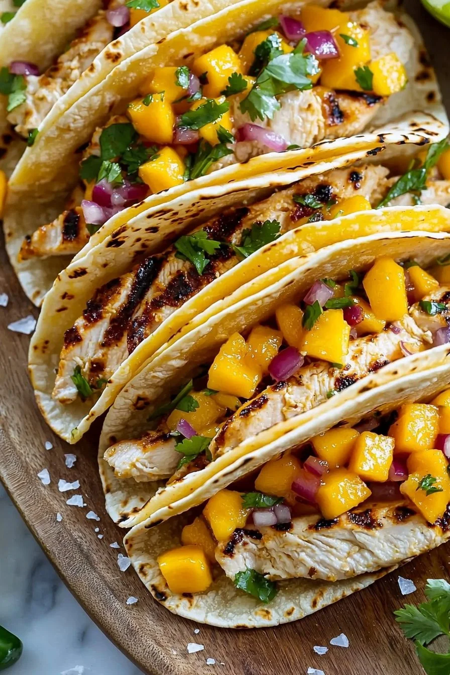 Grilled chicken tacos garnished with mango salsa on a colorful plate