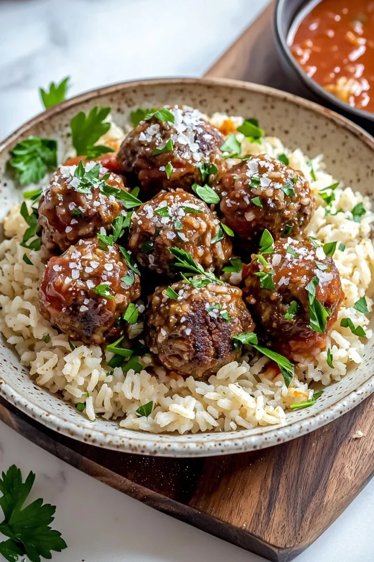 Delicious ground beef meatballs over rice in a bowl