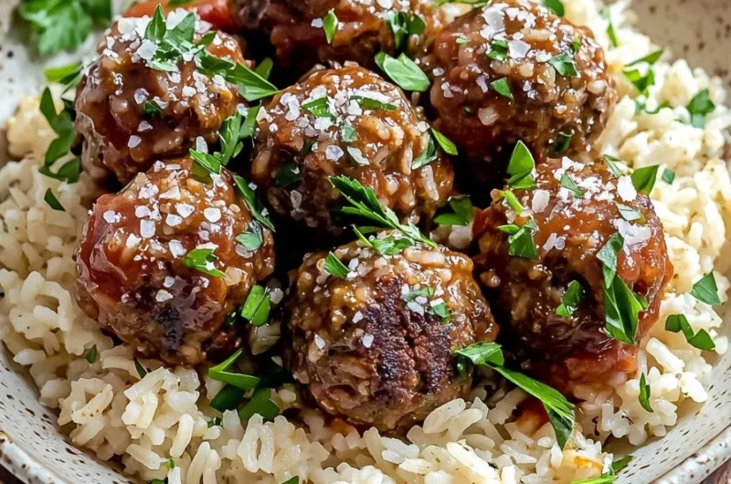 Delicious ground beef meatballs over rice in a bowl
