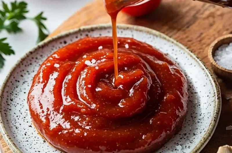 Bowl of healthy homemade ketchup made with fresh tomatoes and spices.