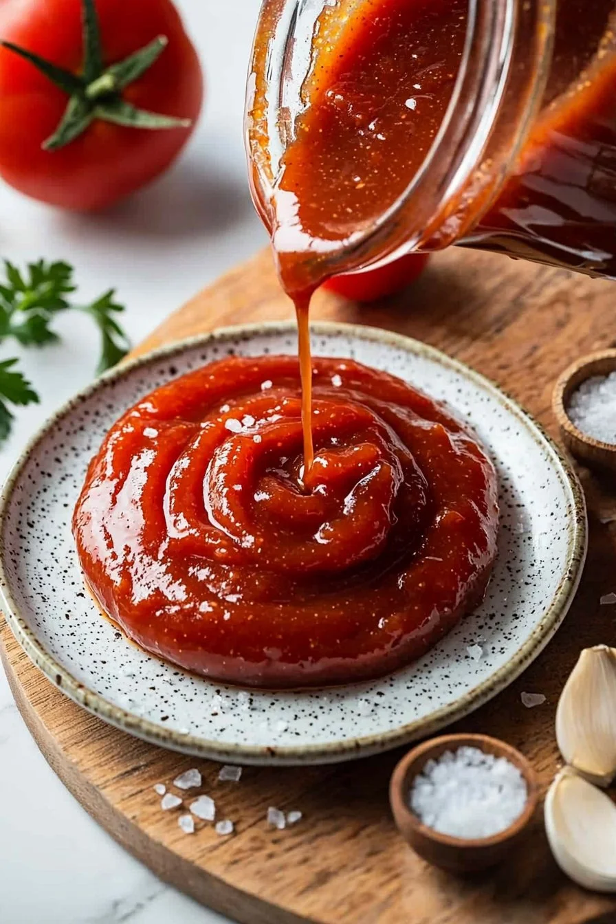 Bowl of healthy homemade ketchup made with fresh tomatoes and spices.