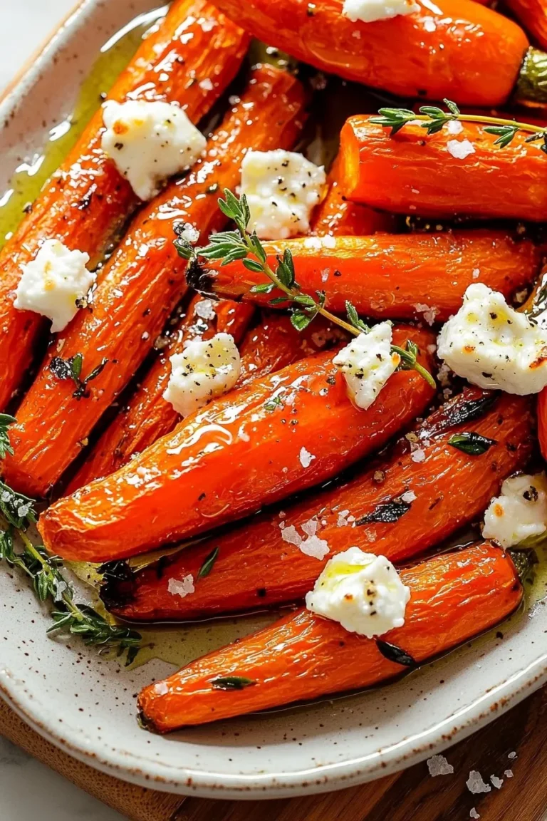 Honey roasted carrots with thyme and goat cheese served in a bowl.