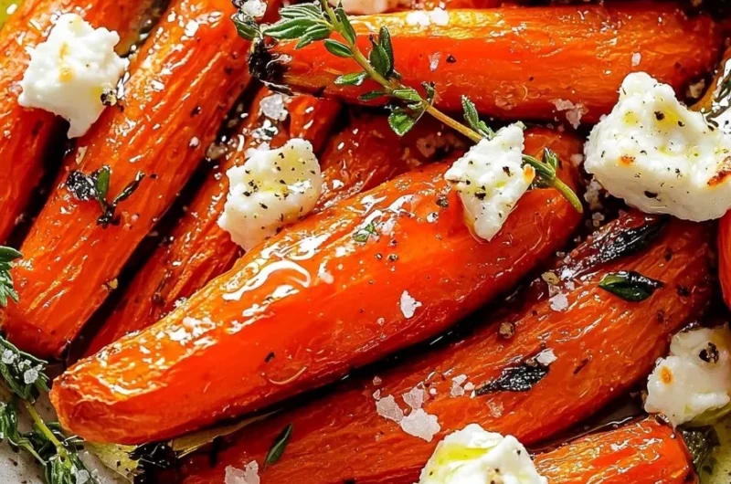 Honey roasted carrots with thyme and goat cheese served in a bowl.