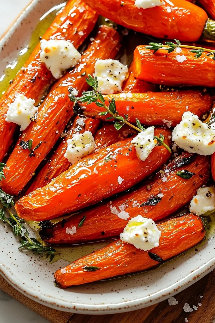 Honey roasted carrots with thyme and goat cheese served in a bowl.