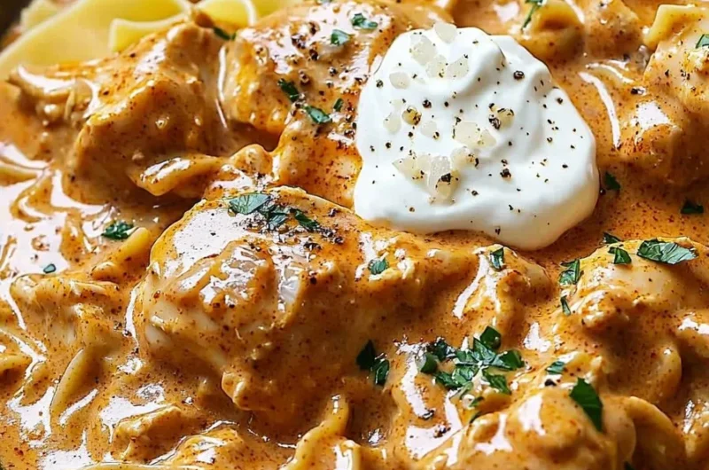 Creamy chicken paprikash served with egg noodles on a plate
