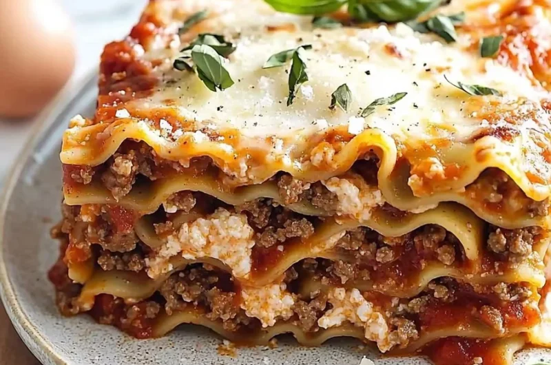 Homemade lasagna for two baked in a loaf pan, served with fresh herbs.