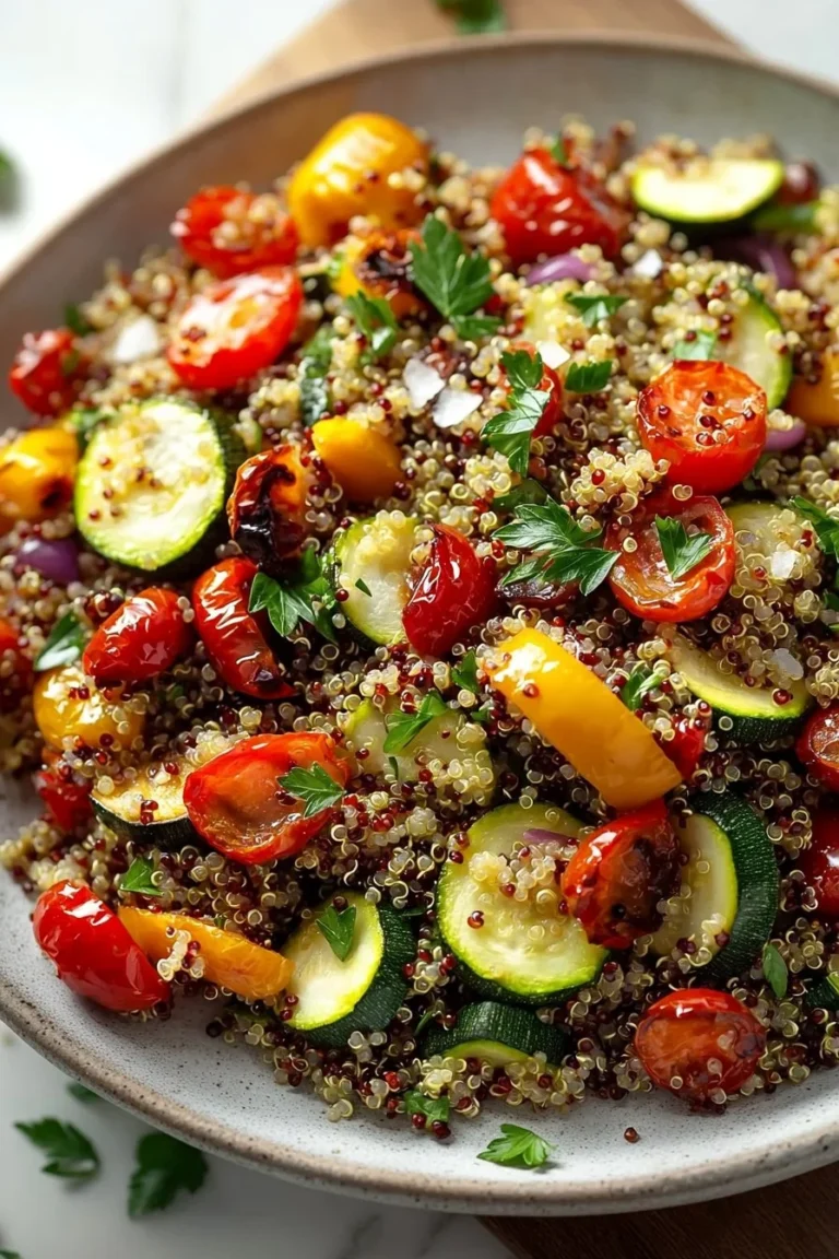 Mediterranean Quinoa Salad with Roasted Vegetables in a bowl