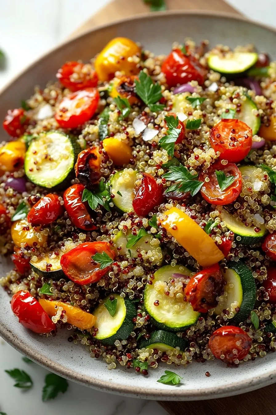 Mediterranean Quinoa Salad with Roasted Vegetables in a bowl