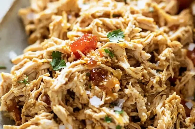 Plate of shredded chicken tacos garnished with fresh cilantro and lime