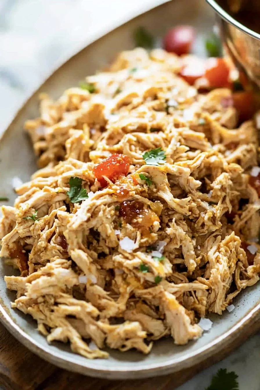 Plate of shredded chicken tacos garnished with fresh cilantro and lime