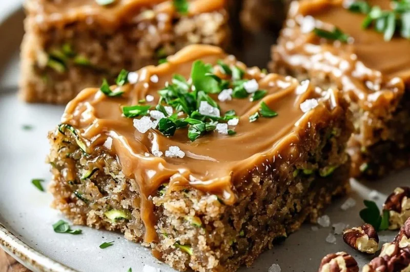 Delicious moist zucchini bars with caramel frosting on a plate