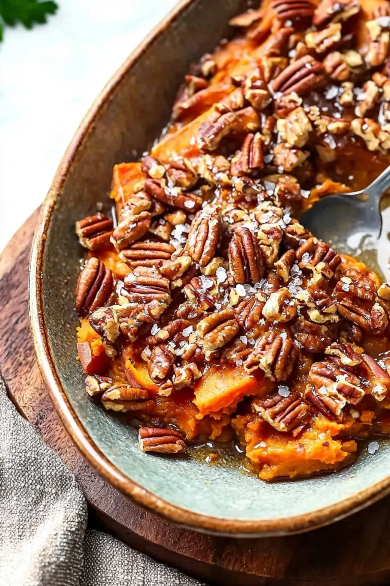 Paleo Sweet Potato Casserole topped with crunchy pecans and a sprinkle of cinnamon