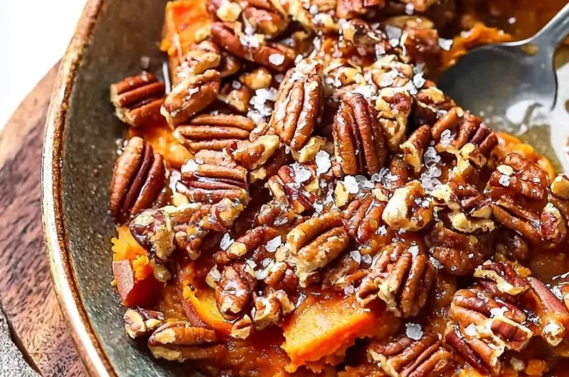 Paleo Sweet Potato Casserole topped with crunchy pecans and a sprinkle of cinnamon