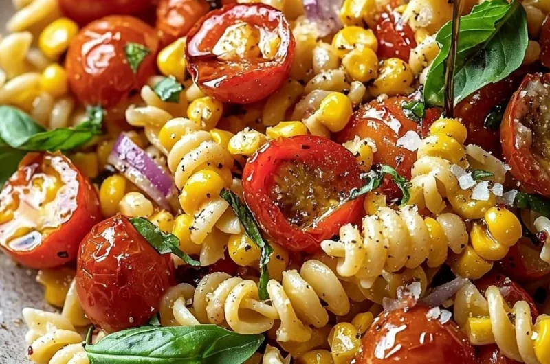Roasted corn and tomato pasta salad in a bowl garnished with fresh herbs