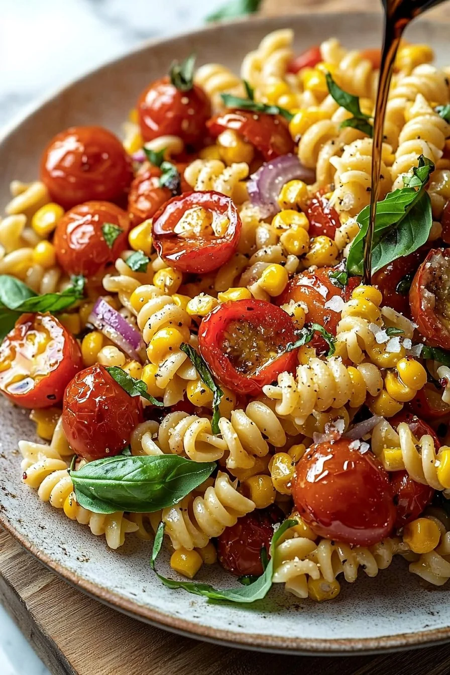 Roasted corn and tomato pasta salad in a bowl garnished with fresh herbs