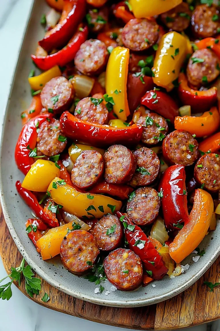 Sheet pan sausage with peppers and onions ready to serve