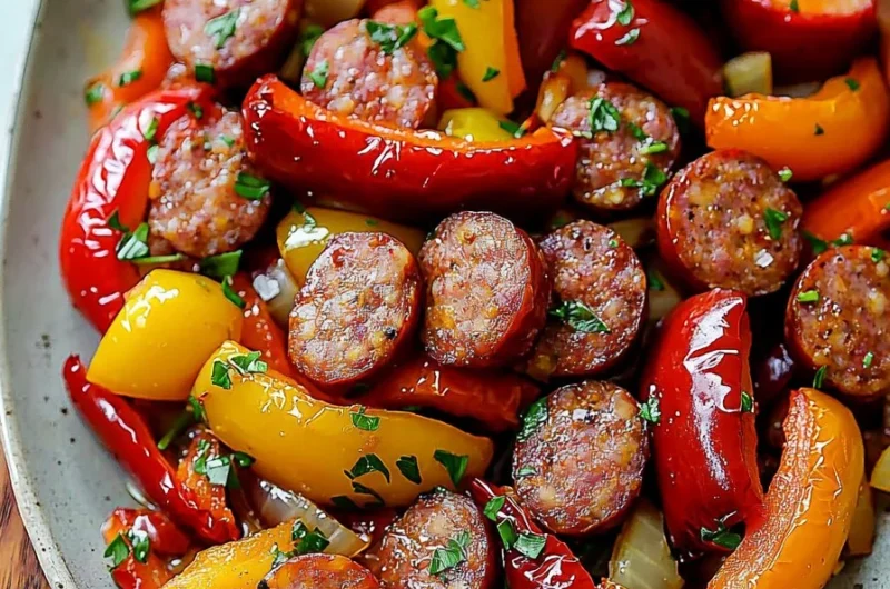 Sheet pan sausage with peppers and onions ready to serve