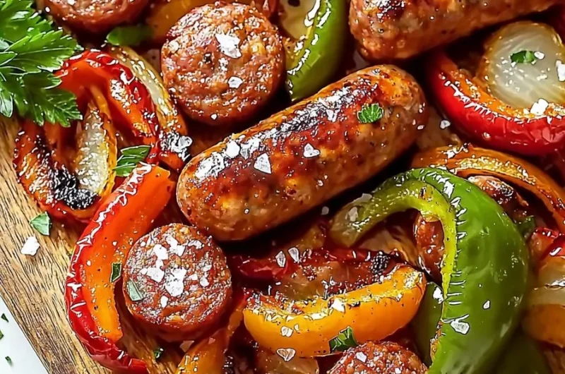 Sheet pan filled with sausage, peppers, and onions roasted to perfection.