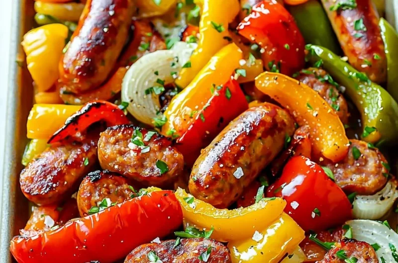 Sheet pan with delicious sausage, peppers, and onions ready to serve.