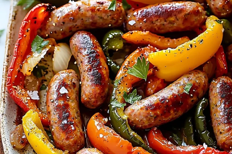 Sheet pan meal featuring sausage, peppers, and onions cooked to perfection.
