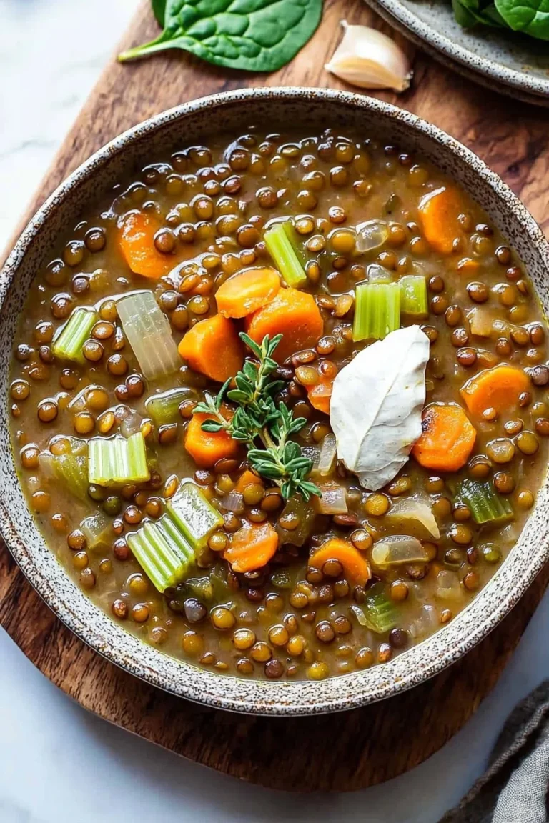 Bowl of Simple Vegetarian French Lentil Soup topped with herbs