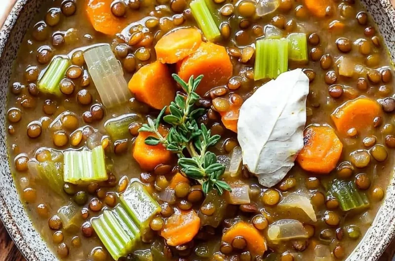 Bowl of Simple Vegetarian French Lentil Soup topped with herbs