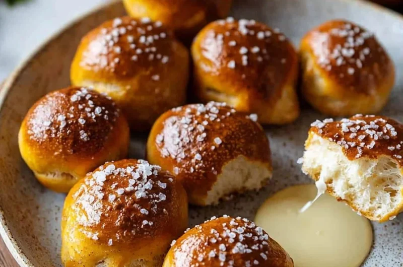 Golden brown sourdough pretzel bites sprinkled with coarse salt.
