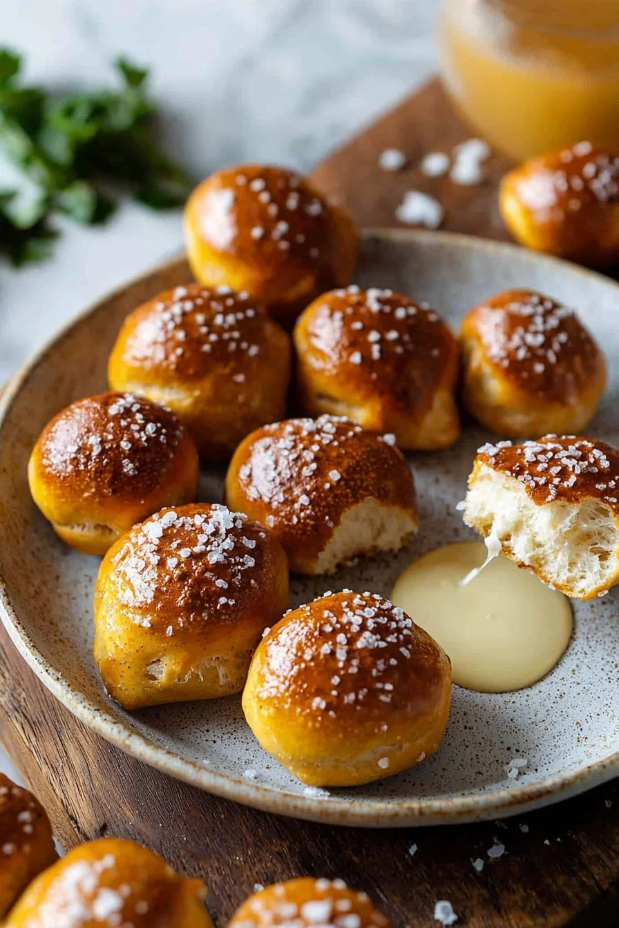 Golden brown sourdough pretzel bites sprinkled with coarse salt.