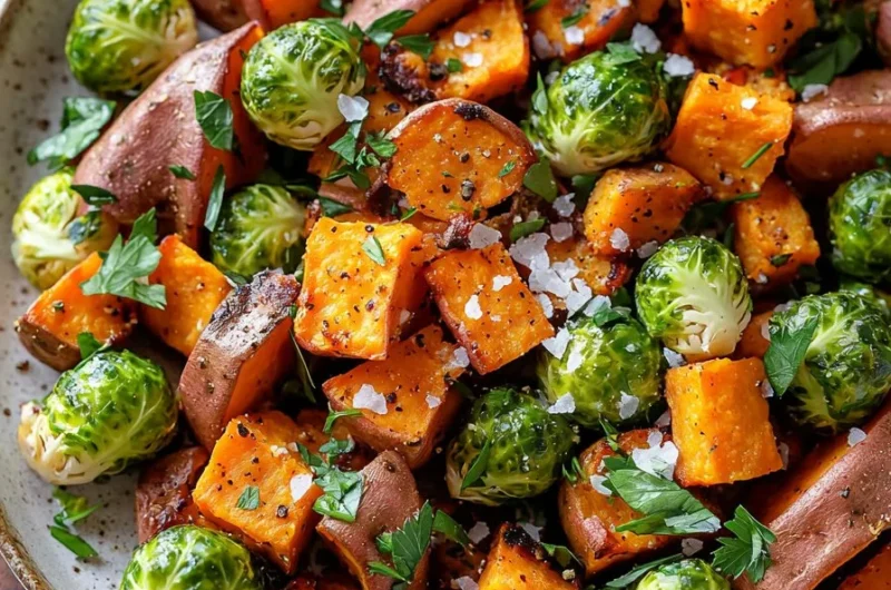 Sweet Potato Brussels Sprout Hash with vibrant vegetables in a skillet.