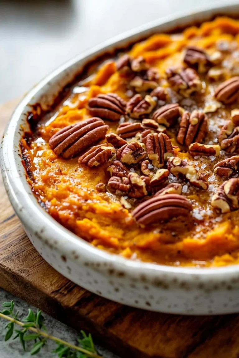 Sweet potato casserole topped with maple pecan, a delicious holiday dish