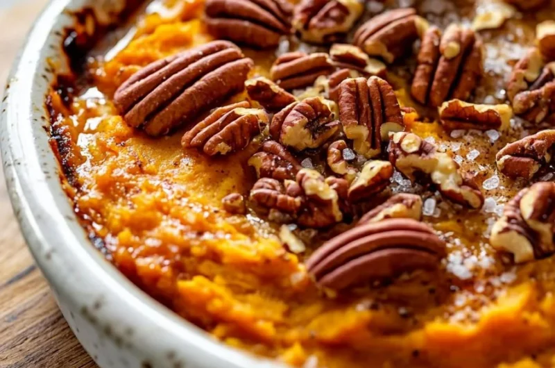 Sweet potato casserole topped with maple pecan, a delicious holiday dish