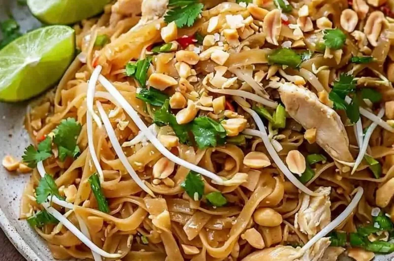 Delicious plate of easy chicken pad thai with vibrant colors and fresh ingredients