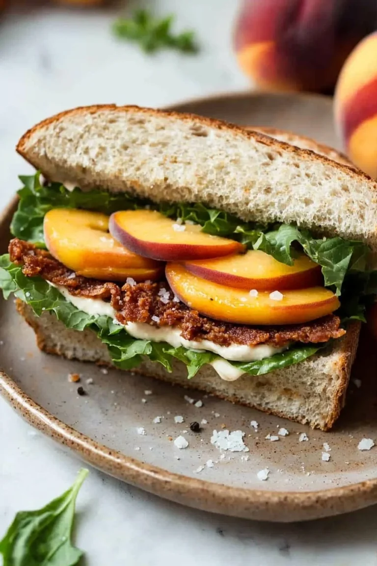 Vegan Coconut BLT Sandwich with Peaches on a plate