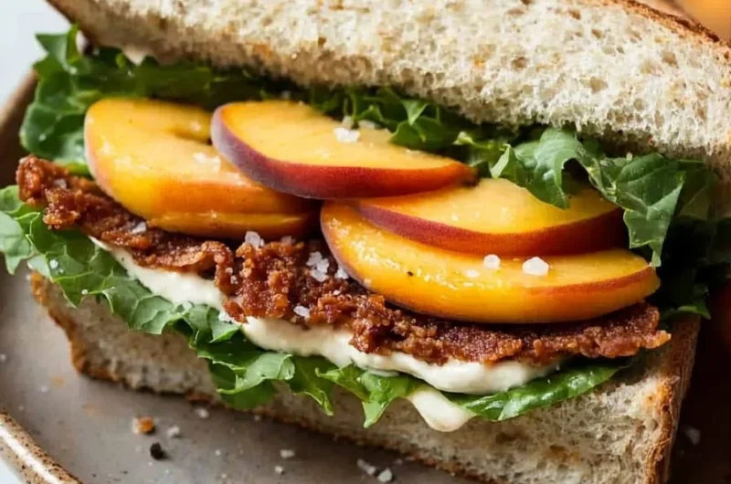 Vegan Coconut BLT Sandwich with Peaches on a plate
