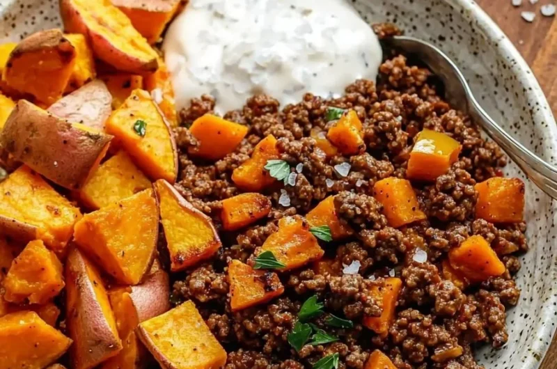 Viral Ground Beef Sweet Potato Bowl served with colorful vegetables