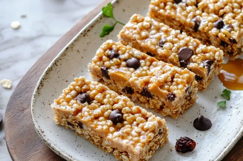 Homemade 5 ingredient cereal bars on a wooden table, healthy snack option