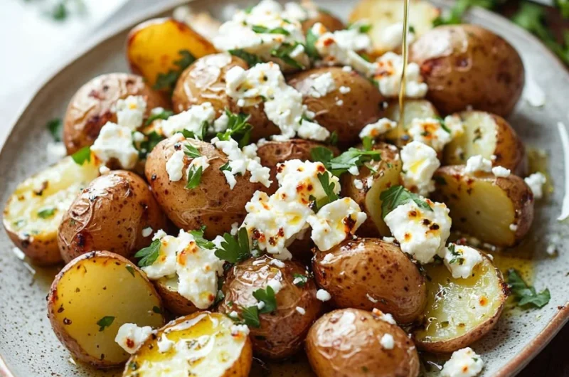 Baked feta potatoes topped with herbs and spices in a rustic dish
