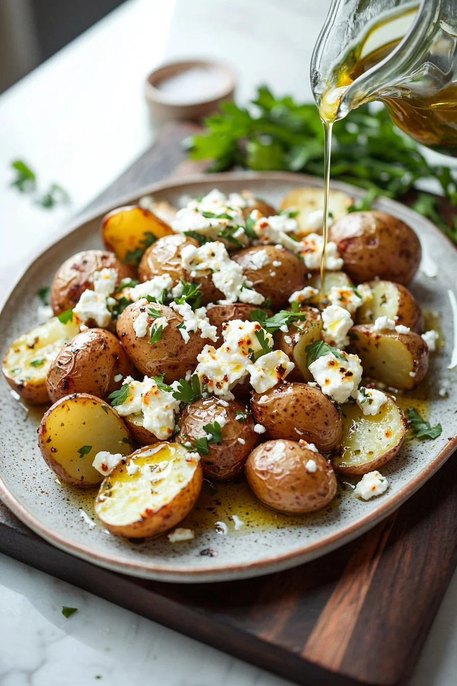 Baked feta potatoes topped with herbs and spices in a rustic dish