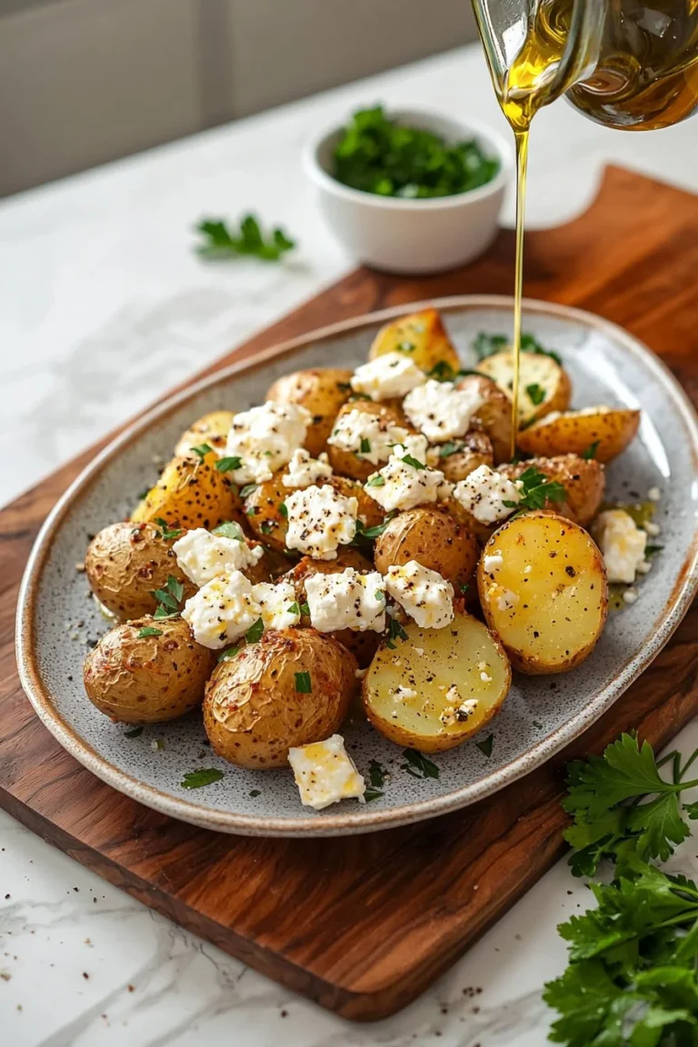 Baked feta potatoes topped with herbs and spices, served on a plate.