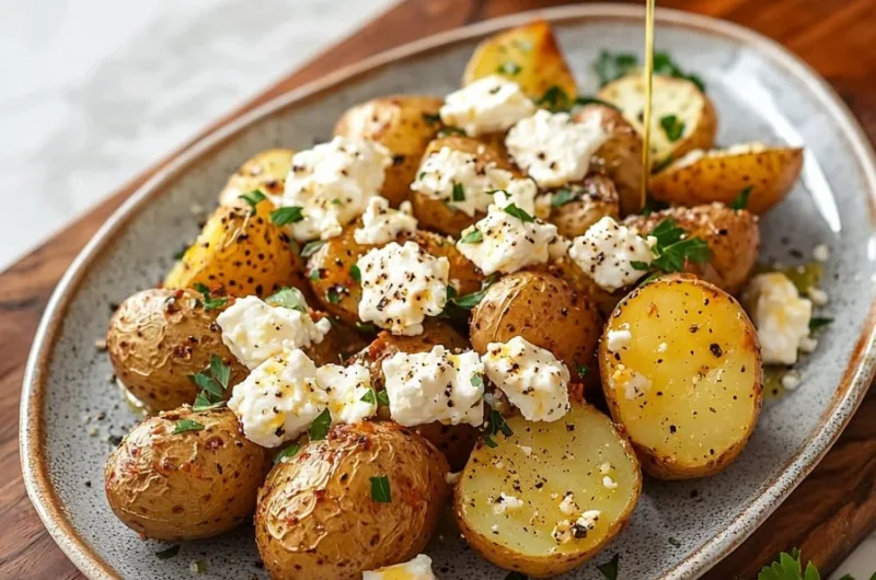 Baked feta potatoes topped with herbs and spices, served on a plate.