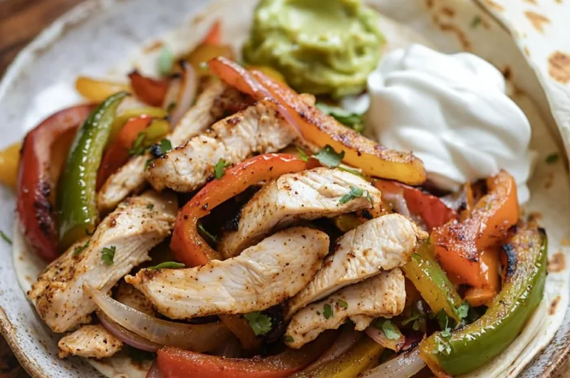 Delicious air fryer chicken fajitas served with colorful bell peppers and onions
