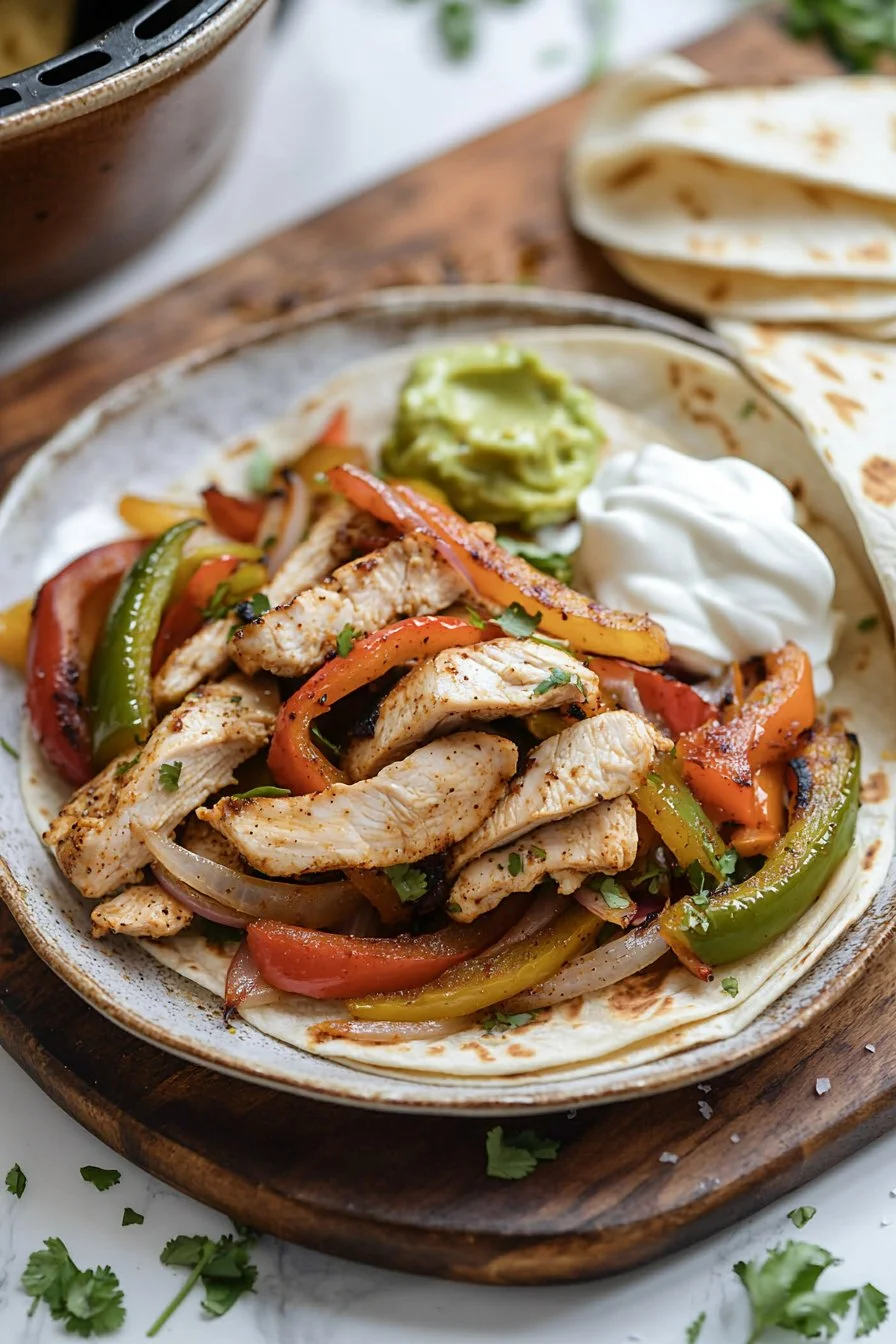 Delicious air fryer chicken fajitas served with colorful bell peppers and onions