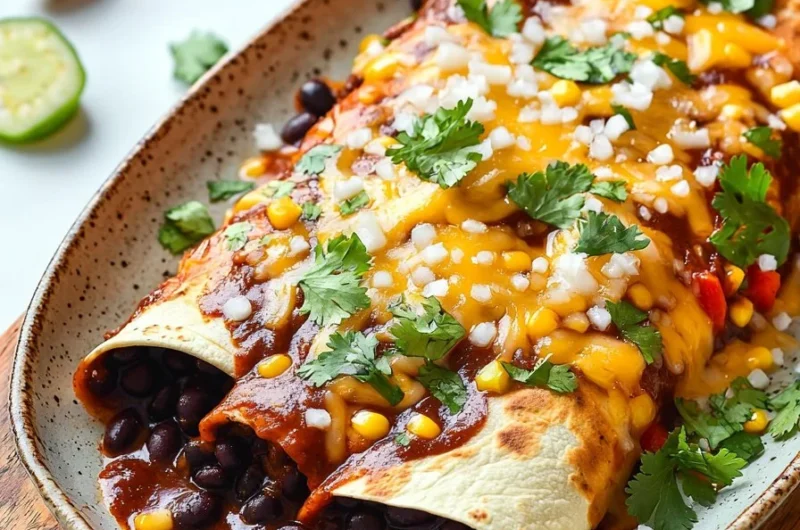 Plate of homemade black bean enchiladas topped with cheese and fresh herbs