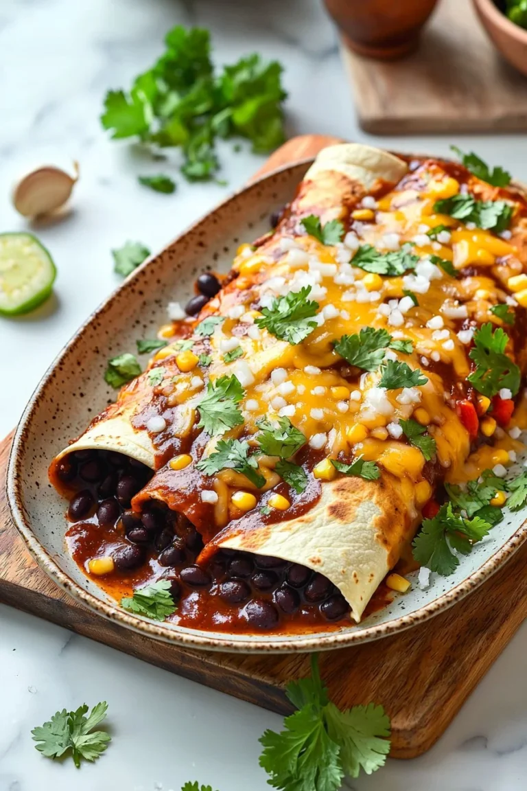 Plate of homemade black bean enchiladas topped with fresh cilantro and sauce
